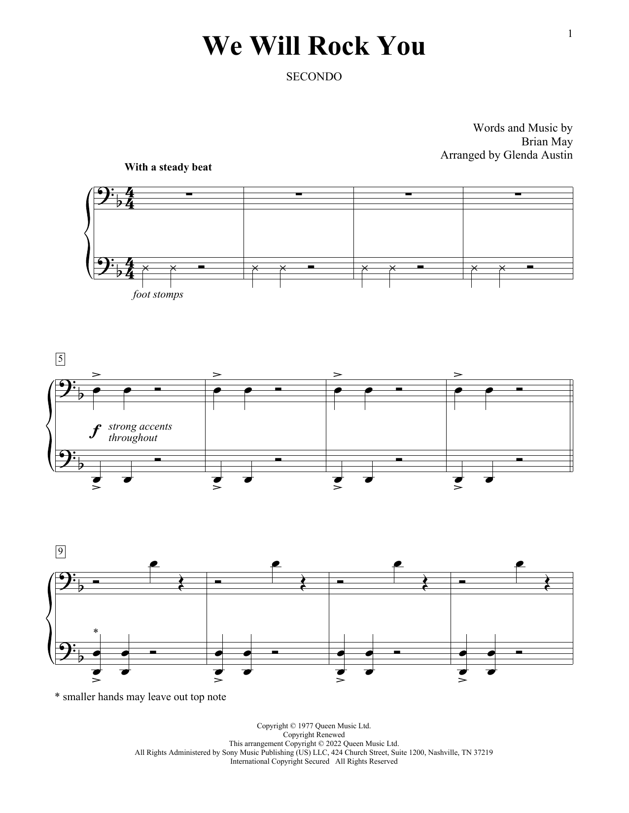 Download Queen We Will Rock You (arr. Glenda Austin) Sheet Music and learn how to play Piano Duet PDF digital score in minutes