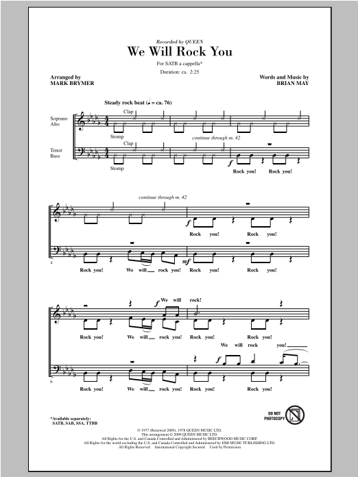 Download Queen We Will Rock You (arr. Mark Brymer) Sheet Music and learn how to play SSAA PDF digital score in minutes