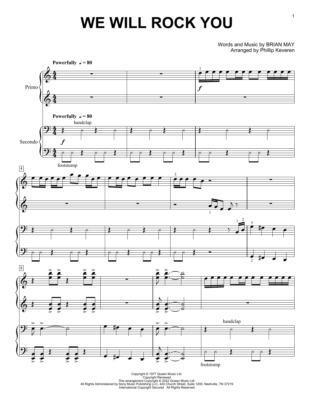 Download Queen We Will Rock You (arr. Phillip Keveren) Sheet Music and learn how to play Piano Duet PDF digital score in minutes