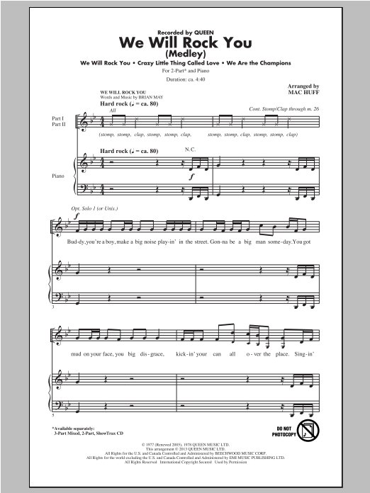 Download Queen We Will Rock You (Medley) (arr. Mac Huff) Sheet Music and learn how to play 3-Part Mixed PDF digital score in minutes