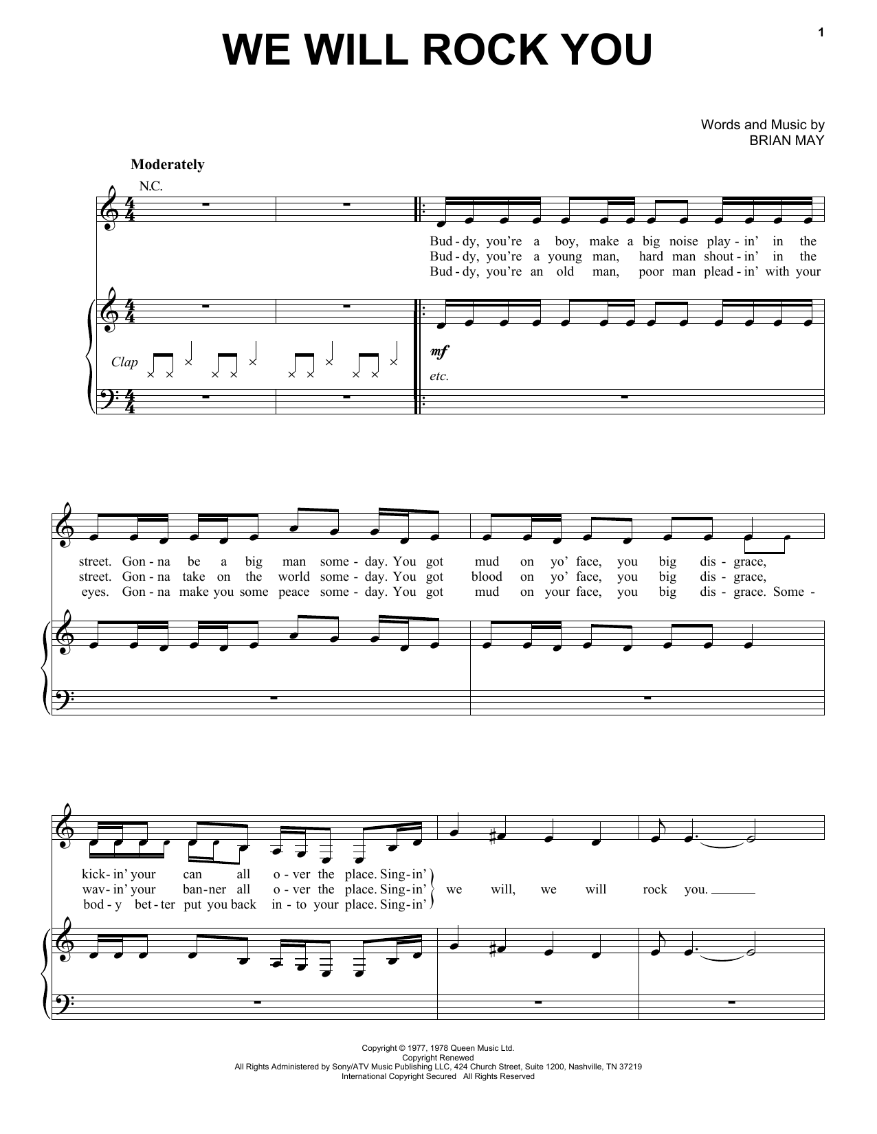 Download Queen We Will Rock You Sheet Music and learn how to play Piano, Vocal & Guitar (Right-Hand Melody) PDF digital score in minutes