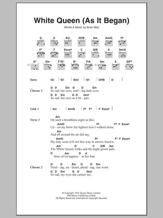 Download Queen White Queen (As It Began) Sheet Music and learn how to play Lyrics & Chords PDF digital score in minutes