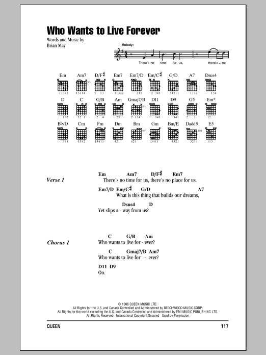 Download Queen Who Wants To Live Forever Sheet Music and learn how to play Easy Guitar Tab PDF digital score in minutes