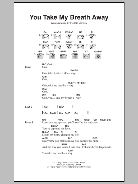 Download Queen You Take My Breath Away Sheet Music and learn how to play Lyrics & Chords PDF digital score in minutes