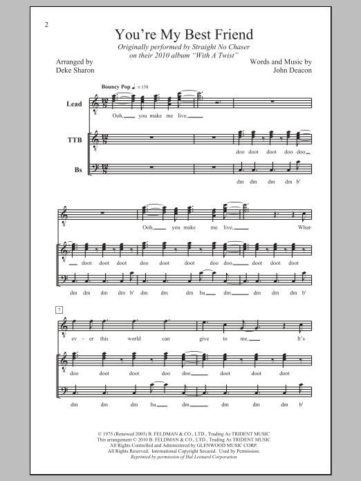 Download Queen You're My Best Friend (arr. Deke Sharon) Sheet Music and learn how to play TTBB PDF digital score in minutes