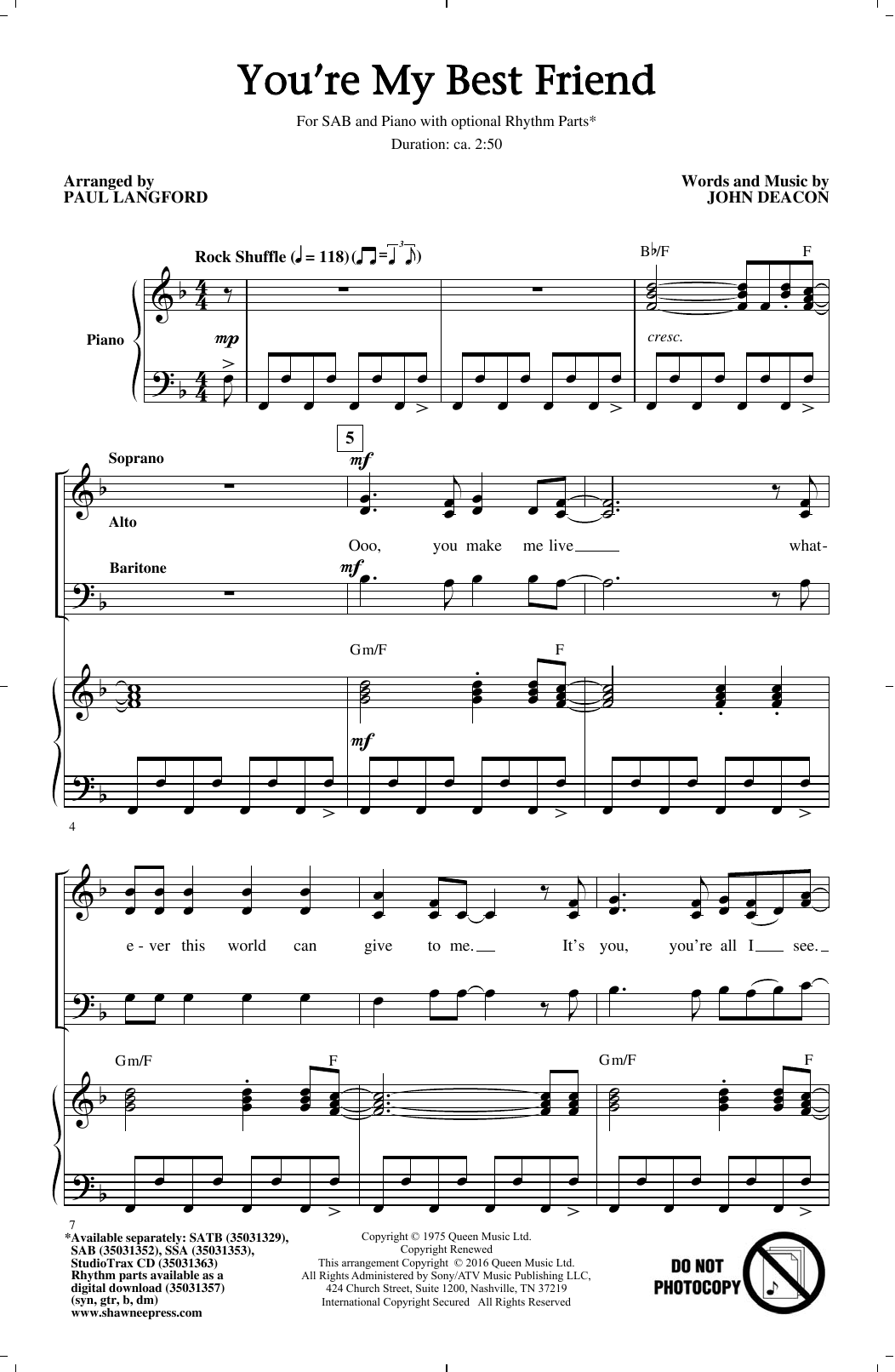 Download Paul Langford You're My Best Friend Sheet Music and learn how to play SAB PDF digital score in minutes