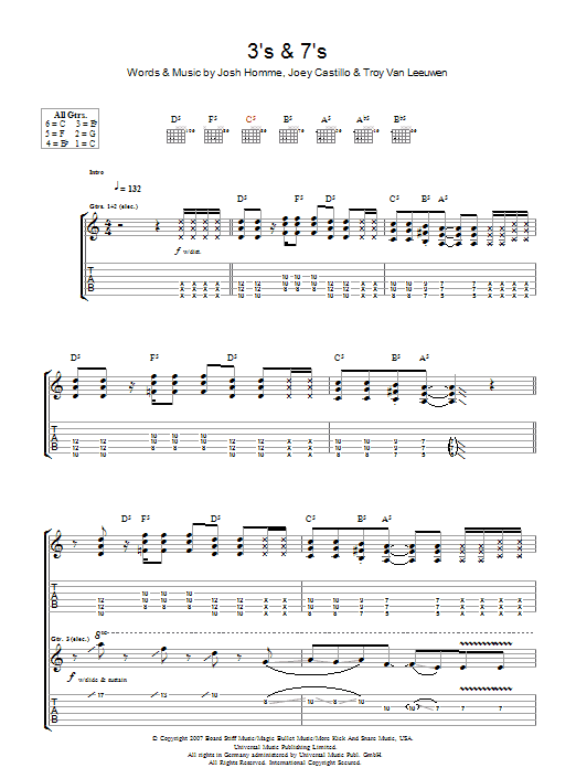 Download Queens Of The Stone Age 3's & 7's Sheet Music and learn how to play Lyrics & Chords PDF digital score in minutes