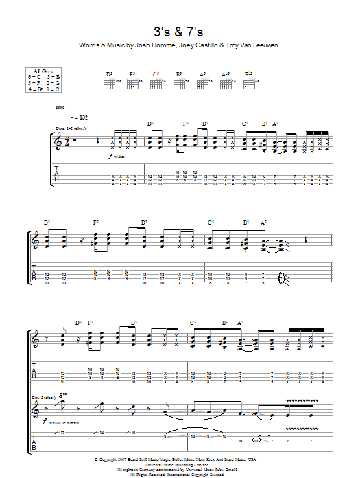 Download Queens Of The Stone Age 3's & 7's Sheet Music and learn how to play Guitar Tab PDF digital score in minutes