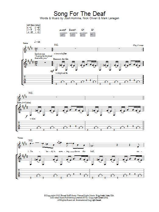 Download Queens Of The Stone Age A Song For The Deaf Sheet Music and learn how to play Guitar Tab PDF digital score in minutes