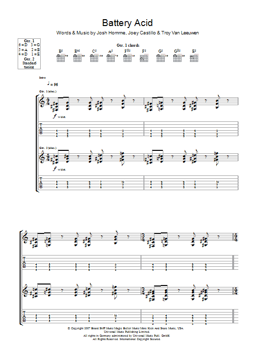 Download Queens Of The Stone Age Battery Acid Sheet Music and learn how to play Guitar Tab PDF digital score in minutes