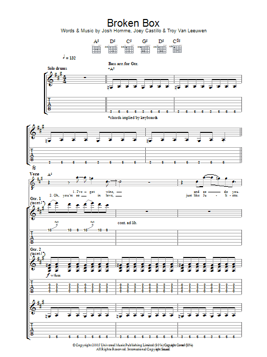 Download Queens Of The Stone Age Broken Box Sheet Music and learn how to play Guitar Tab PDF digital score in minutes