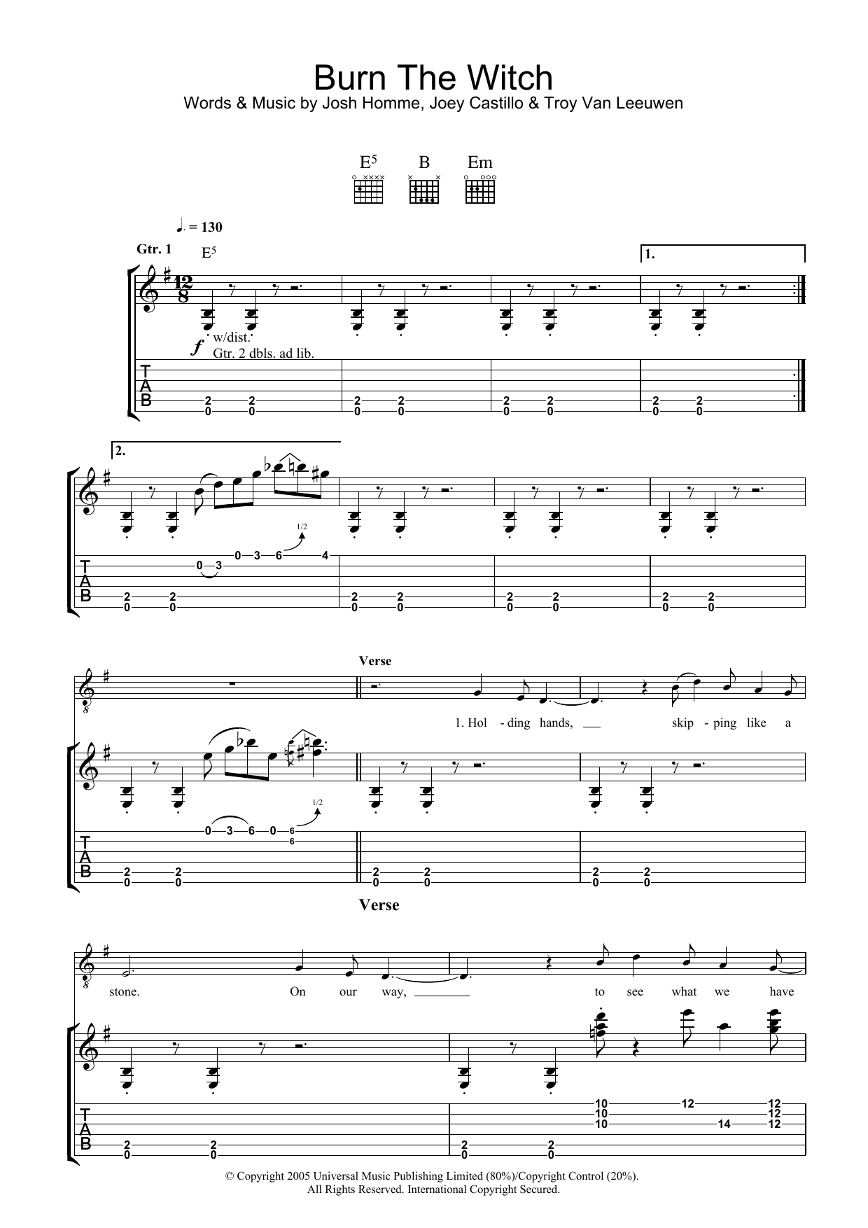 Download Queens Of The Stone Age Burn The Witch Sheet Music and learn how to play Bass Guitar Tab PDF digital score in minutes