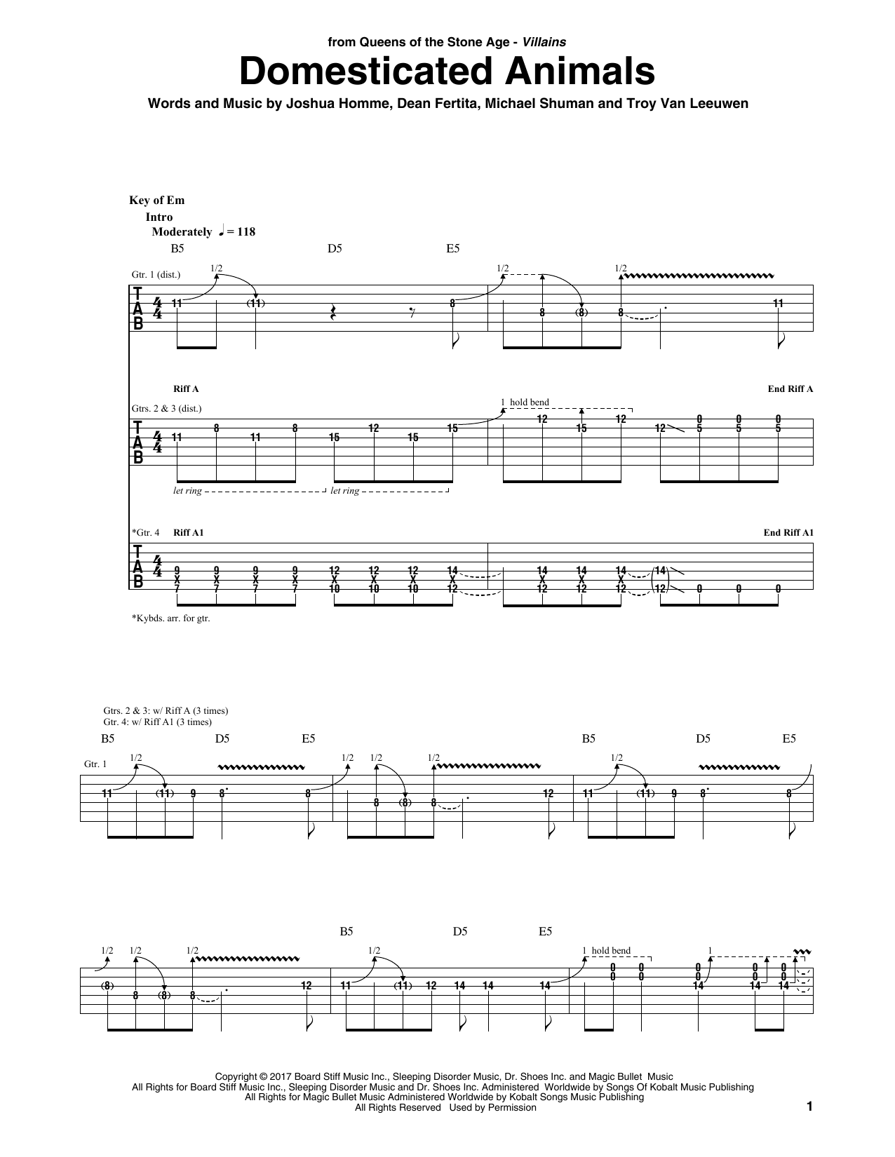 Download Queens Of The Stone Age Domesticated Animals Sheet Music and learn how to play Guitar Tab PDF digital score in minutes