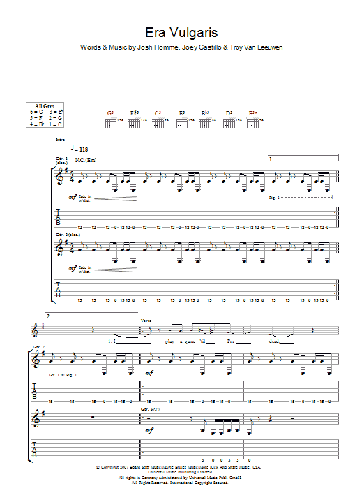 Download Queens Of The Stone Age Era Vulgaris Sheet Music and learn how to play Guitar Tab PDF digital score in minutes