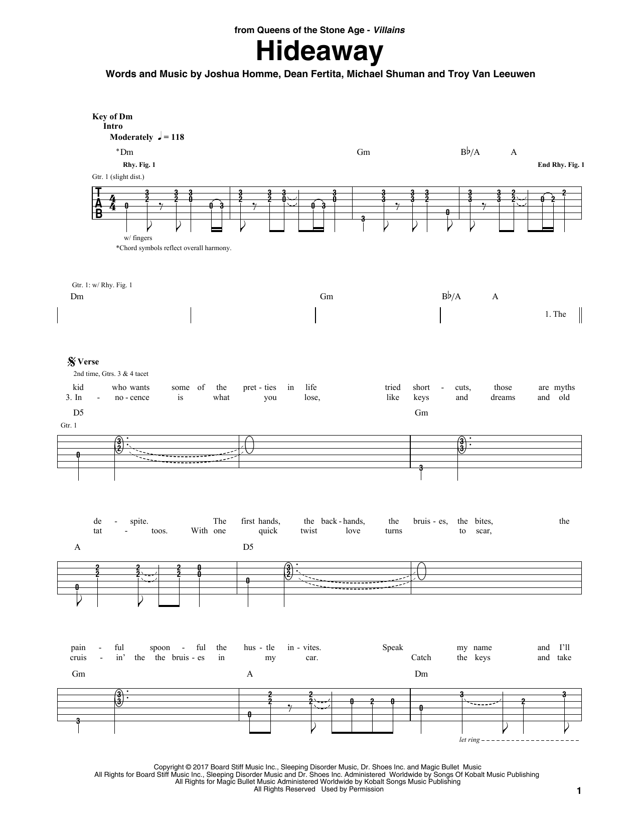 Download Queens Of The Stone Age Hideaway Sheet Music and learn how to play Guitar Tab PDF digital score in minutes