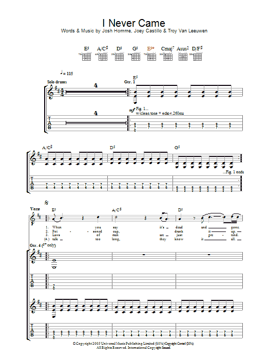 Download Queens Of The Stone Age I Never Came Sheet Music and learn how to play Guitar Tab PDF digital score in minutes