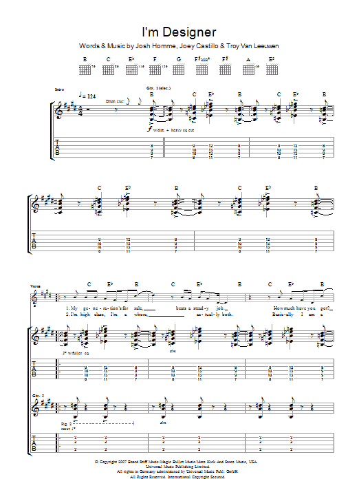 Download Queens Of The Stone Age I'm Designer Sheet Music and learn how to play Guitar Tab PDF digital score in minutes