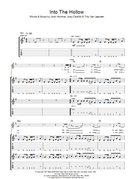 Download Queens Of The Stone Age Into The Hollow Sheet Music and learn how to play Guitar Tab PDF digital score in minutes