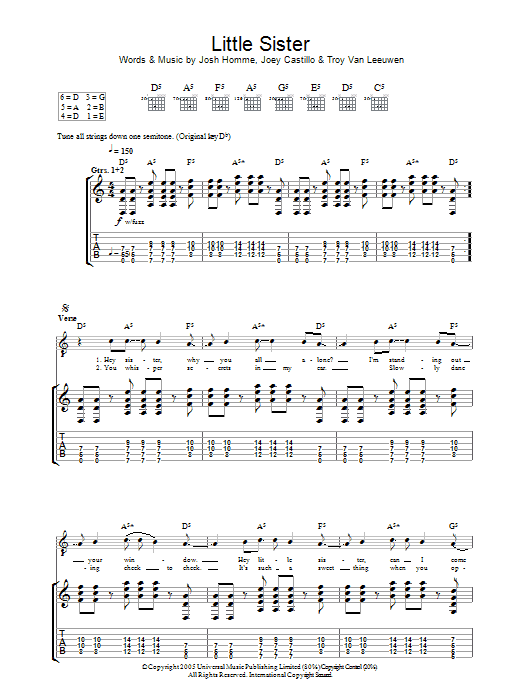 Download Queens Of The Stone Age Little Sister Sheet Music and learn how to play Bass Guitar Tab PDF digital score in minutes
