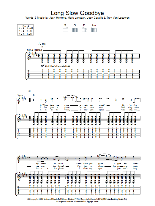 Download Queens Of The Stone Age Long Slow Goodbye Sheet Music and learn how to play Guitar Tab PDF digital score in minutes
