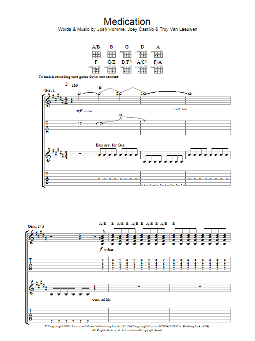 Download Queens Of The Stone Age Medication Sheet Music and learn how to play Guitar Tab PDF digital score in minutes