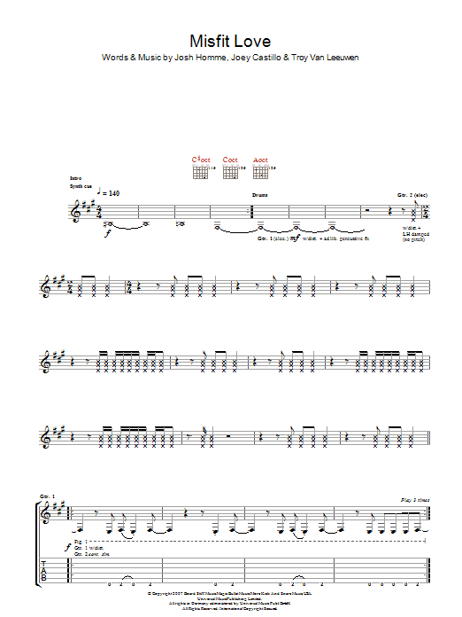 Download Queens Of The Stone Age Misfit Love Sheet Music and learn how to play Guitar Tab PDF digital score in minutes