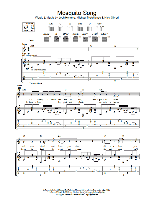 Download Queens Of The Stone Age Mosquito Song Sheet Music and learn how to play Guitar Tab PDF digital score in minutes