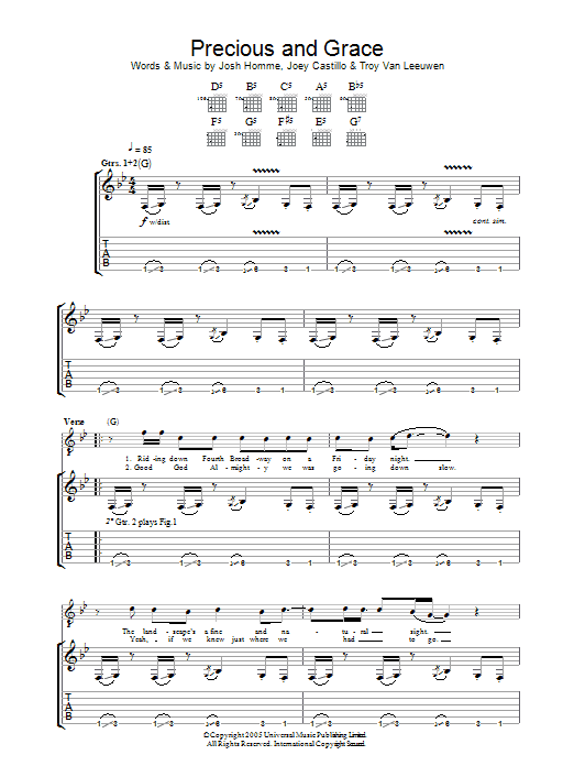 Download Queens Of The Stone Age Precious And Grace Sheet Music and learn how to play Guitar Tab PDF digital score in minutes