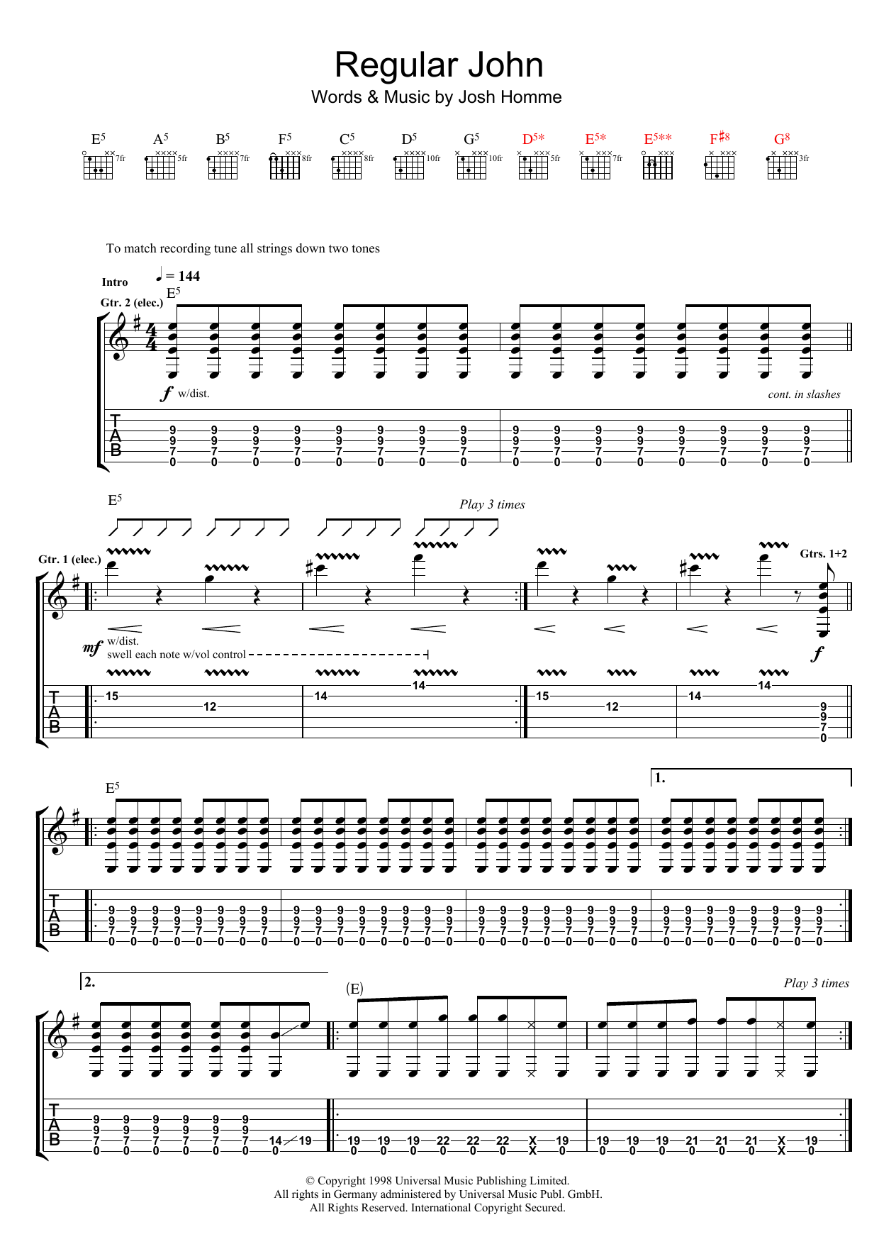 Download Queens Of The Stone Age Regular John Sheet Music and learn how to play Guitar Tab PDF digital score in minutes