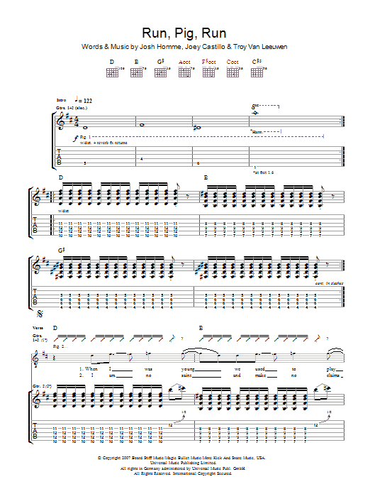Download Queens Of The Stone Age Run Pig Run Sheet Music and learn how to play Guitar Tab PDF digital score in minutes