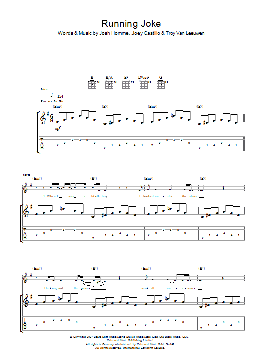 Download Queens Of The Stone Age Running Joke Sheet Music and learn how to play Guitar Tab PDF digital score in minutes