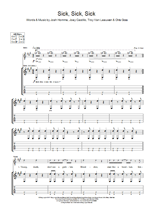 Download Queens Of The Stone Age Sick, Sick, Sick Sheet Music and learn how to play Guitar Tab PDF digital score in minutes