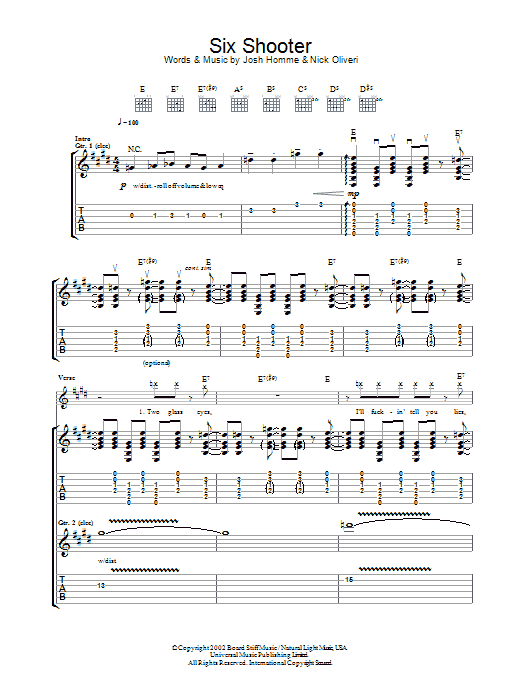 Download Queens Of The Stone Age Six Shooter Sheet Music and learn how to play Guitar Tab PDF digital score in minutes