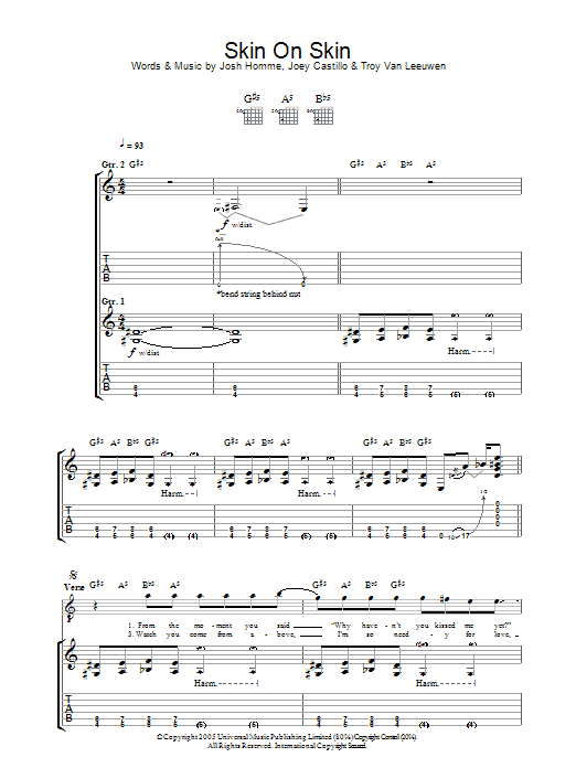 Download Queens Of The Stone Age Skin On Skin Sheet Music and learn how to play Guitar Tab PDF digital score in minutes
