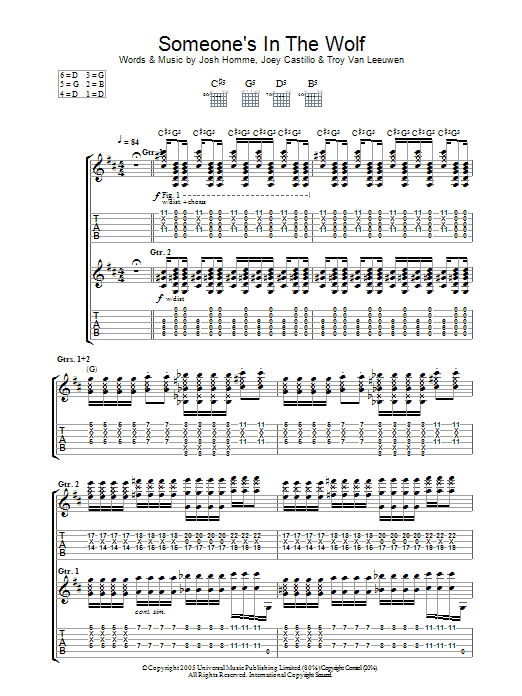 Download Queens Of The Stone Age Someone's In The Wolf Sheet Music and learn how to play Guitar Tab PDF digital score in minutes