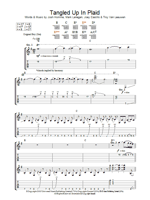 Download Queens Of The Stone Age Tangled Up In Plaid Sheet Music and learn how to play Guitar Tab PDF digital score in minutes