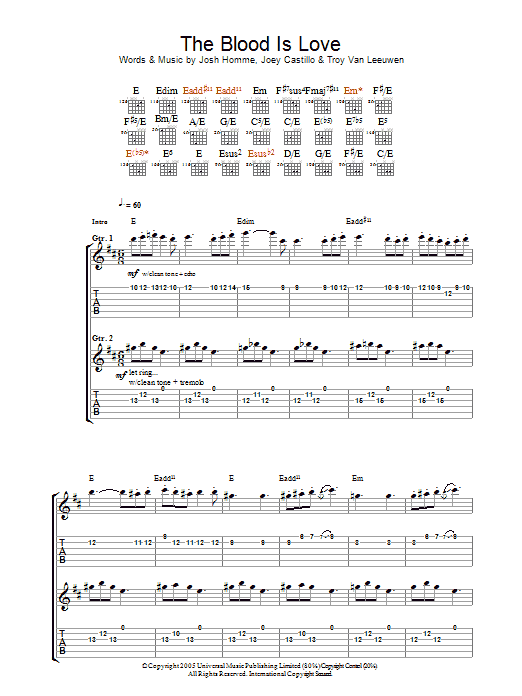Download Queens Of The Stone Age The Blood Is Love Sheet Music and learn how to play Guitar Tab PDF digital score in minutes