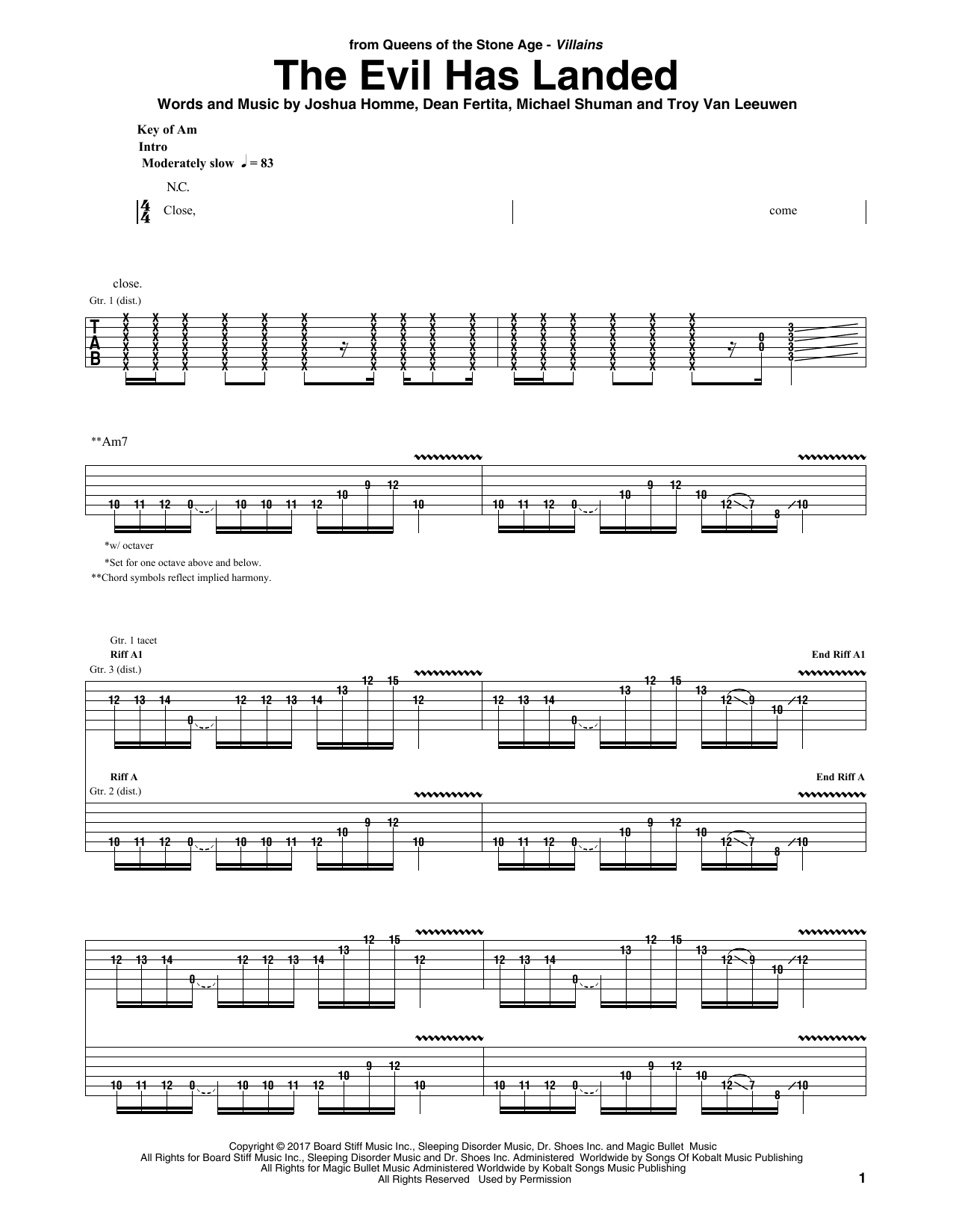 Download Queens Of The Stone Age The Evil Has Landed Sheet Music and learn how to play Guitar Tab PDF digital score in minutes