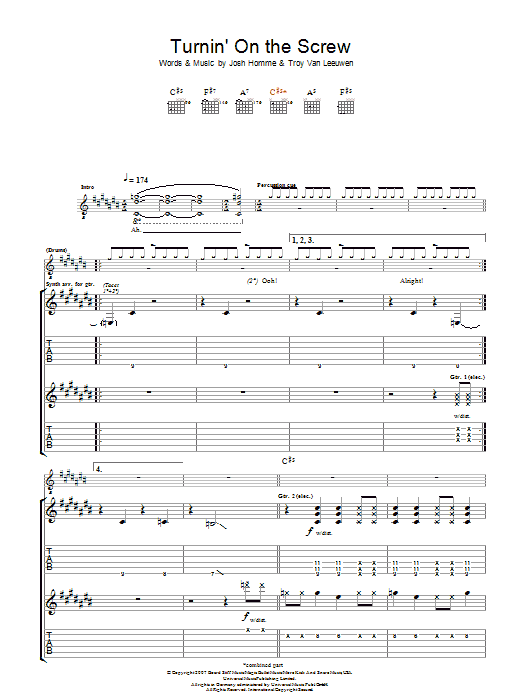 Download Queens Of The Stone Age Turnin' On The Screw Sheet Music and learn how to play Guitar Tab PDF digital score in minutes