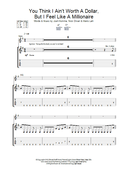 Download Queens Of The Stone Age You Think I Ain't Worth A Dollar, But I Feel Like A Millionaire Sheet Music and learn how to play Guitar Tab PDF digital score in minutes