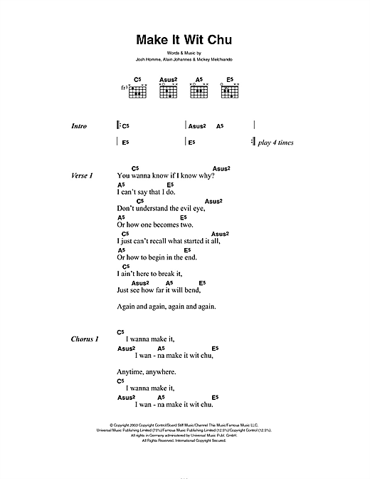 Queens Of The Stone Age Make It Wit Chu Sheet Music Notes Download 