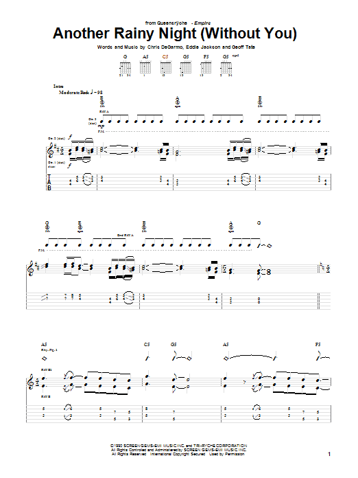 Download Queensryche Another Rainy Night (Without You) Sheet Music and learn how to play Guitar Tab PDF digital score in minutes