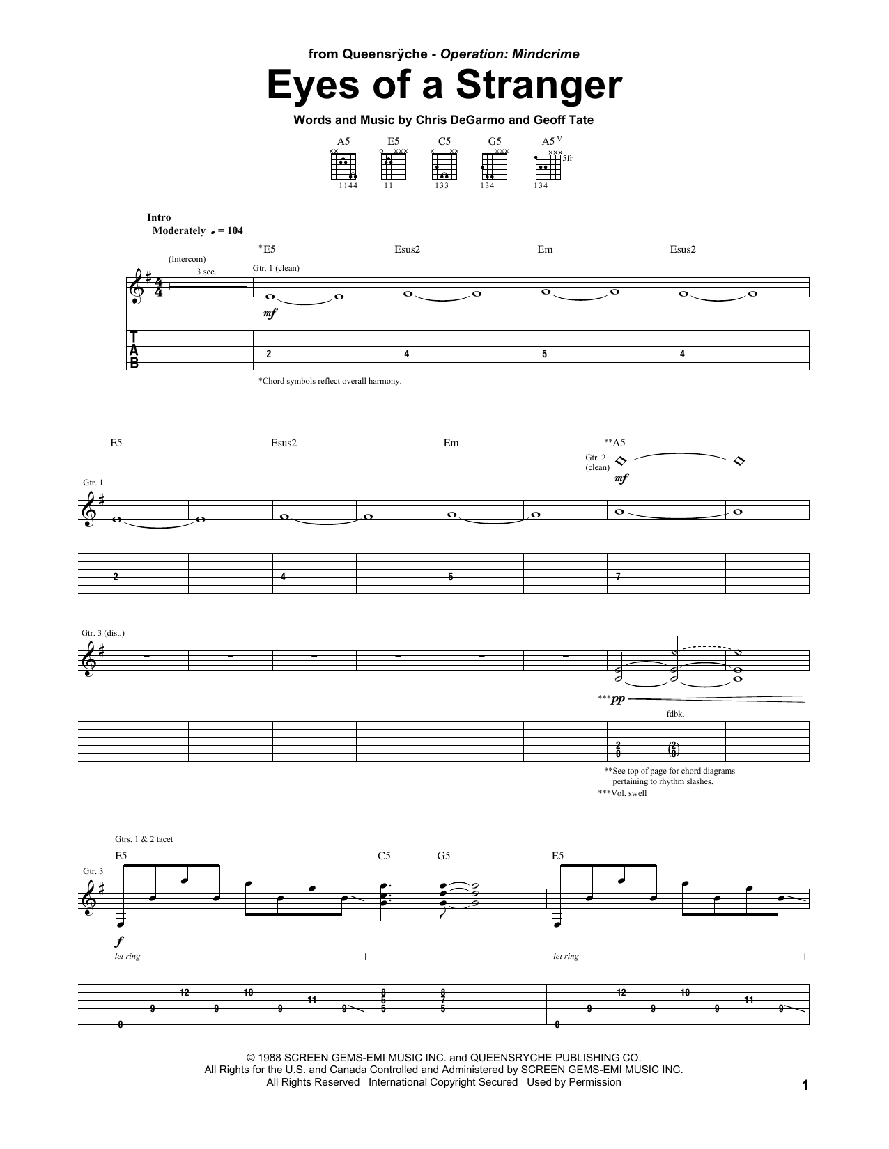 Download Queensryche Eyes Of A Stranger Sheet Music and learn how to play Guitar Tab PDF digital score in minutes
