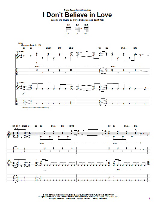 Download Queensryche I Don't Believe In Love Sheet Music and learn how to play Guitar Tab PDF digital score in minutes