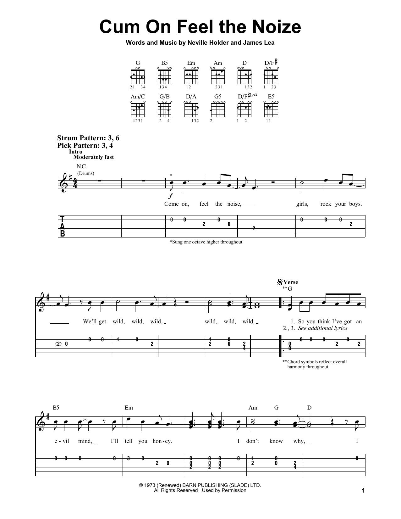 Download Quiet Riot Cum On Feel The Noize Sheet Music and learn how to play Easy Guitar Tab PDF digital score in minutes