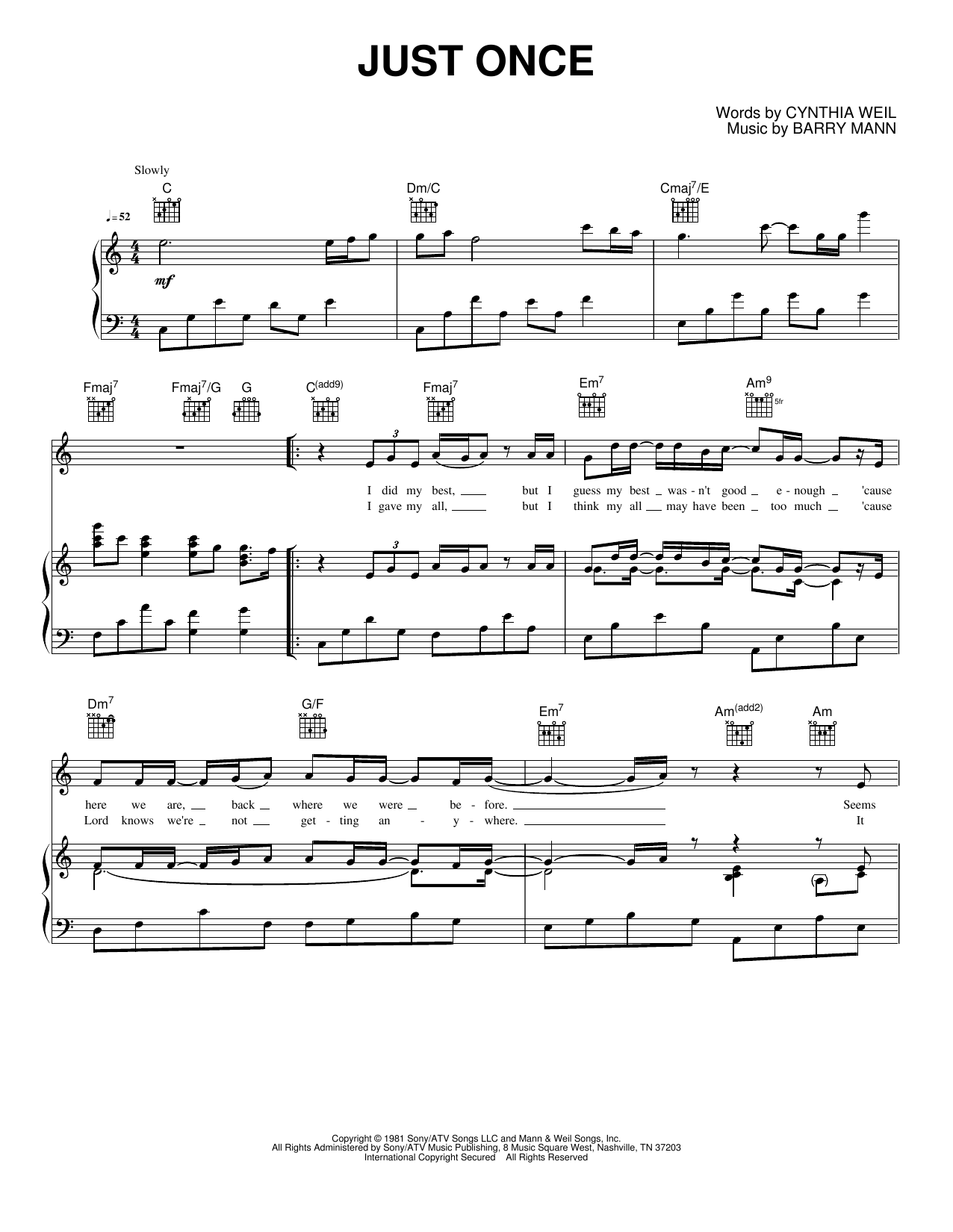 Download Quincy Jones Just Once Sheet Music and learn how to play Piano, Vocal & Guitar Chords (Right-Hand Melody) PDF digital score in minutes