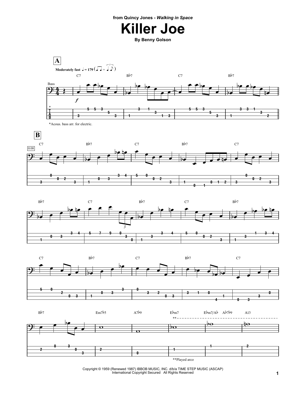 Download Quincy Jones Killer Joe Sheet Music and learn how to play String Bass Transcription PDF digital score in minutes