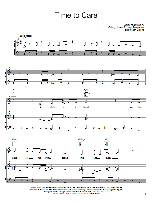 Download Quincy Jones Time To Care Sheet Music and learn how to play Piano, Vocal & Guitar (Right-Hand Melody) PDF digital score in minutes