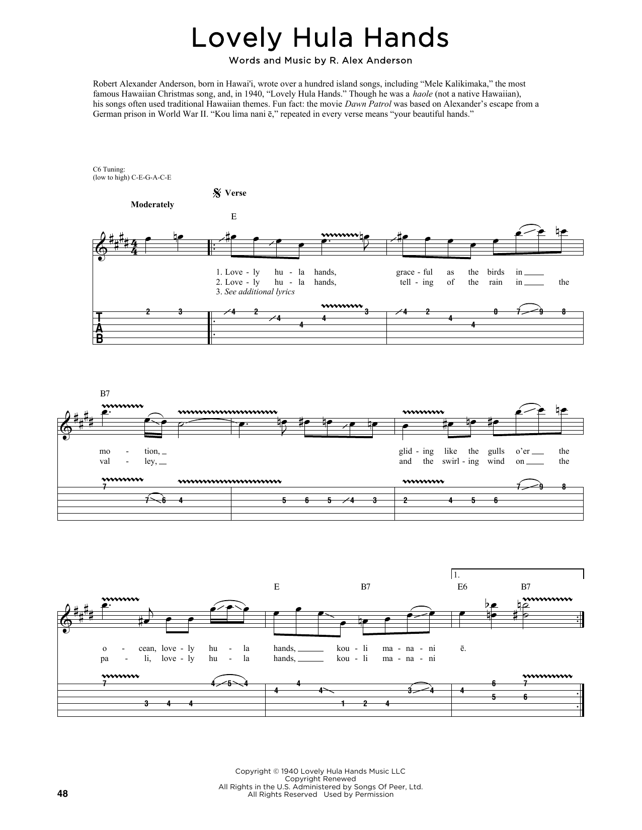 Download R. Alex Anderson Lovely Hula Hands (arr. Fred Sokolow) Sheet Music and learn how to play Guitar Tab PDF digital score in minutes