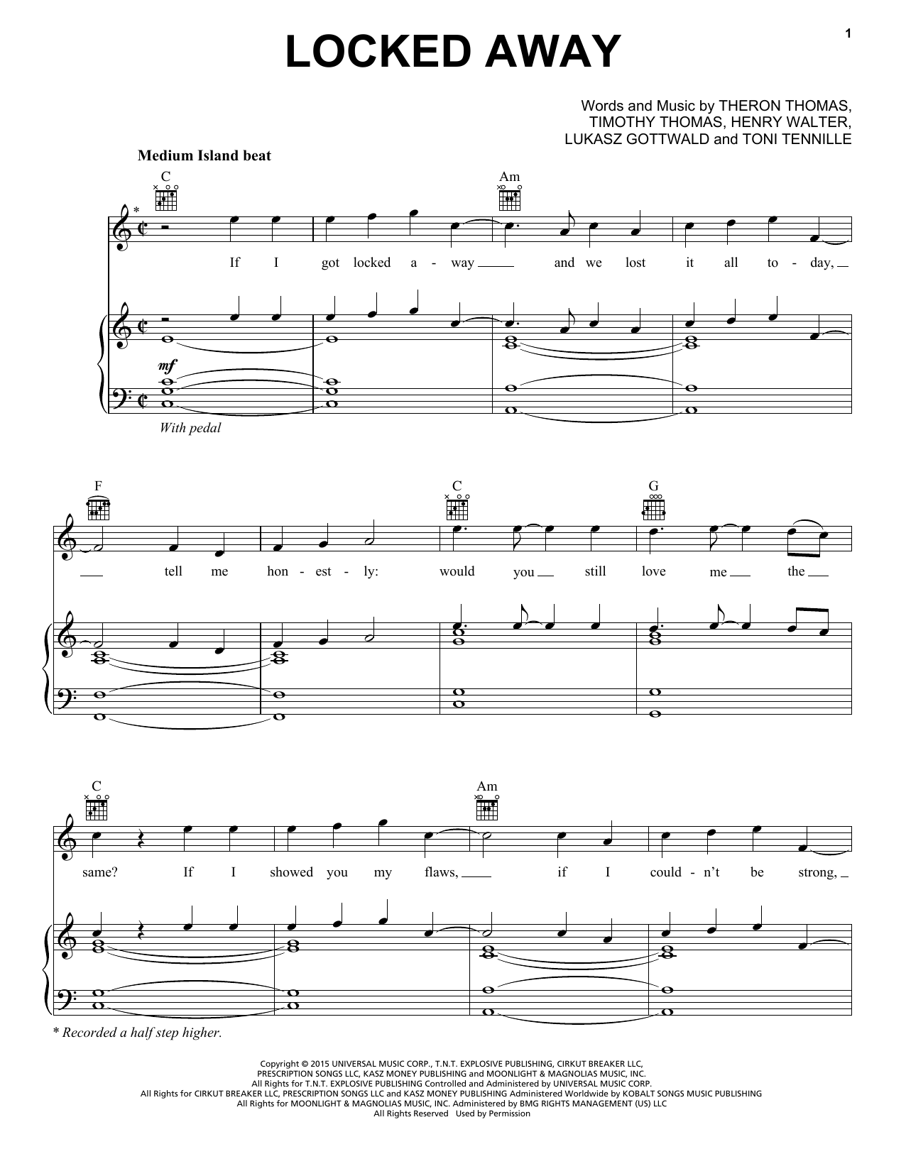 Download R. City feat. Adam Levine Locked Away Sheet Music and learn how to play Piano, Vocal & Guitar (Right-Hand Melody) PDF digital score in minutes
